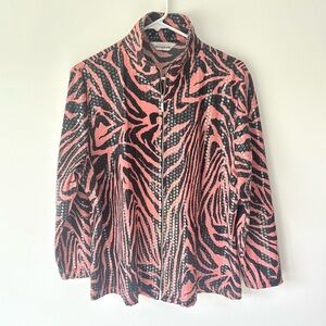 Misook Vintage Pink Black Zebra Print Clear Sequins Full Zip Shirt Jacket Disco